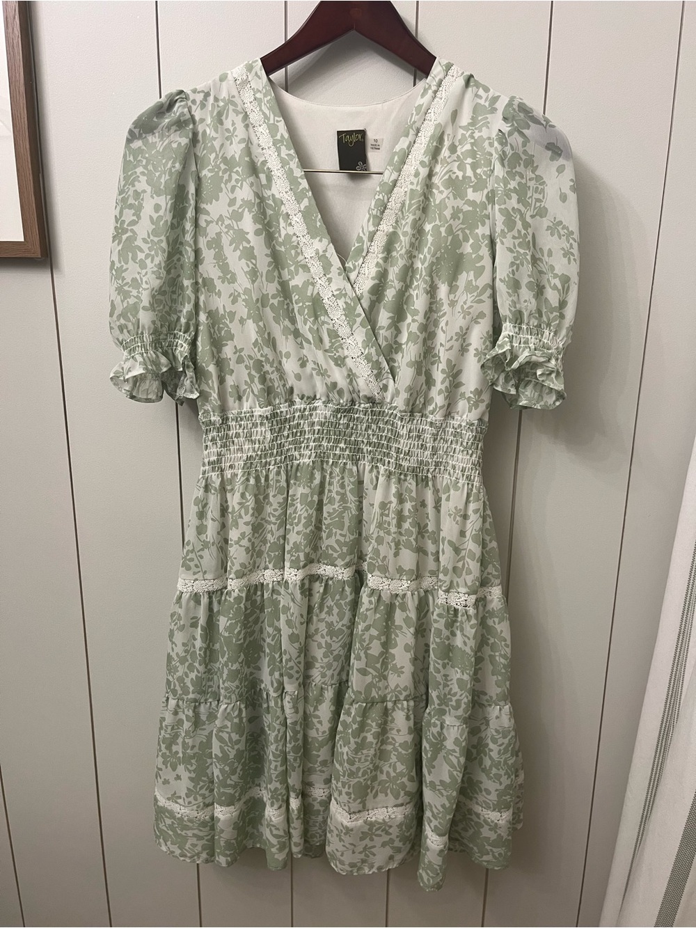 Taylor Sage Green Floral Tiered Wrap Mini Dress